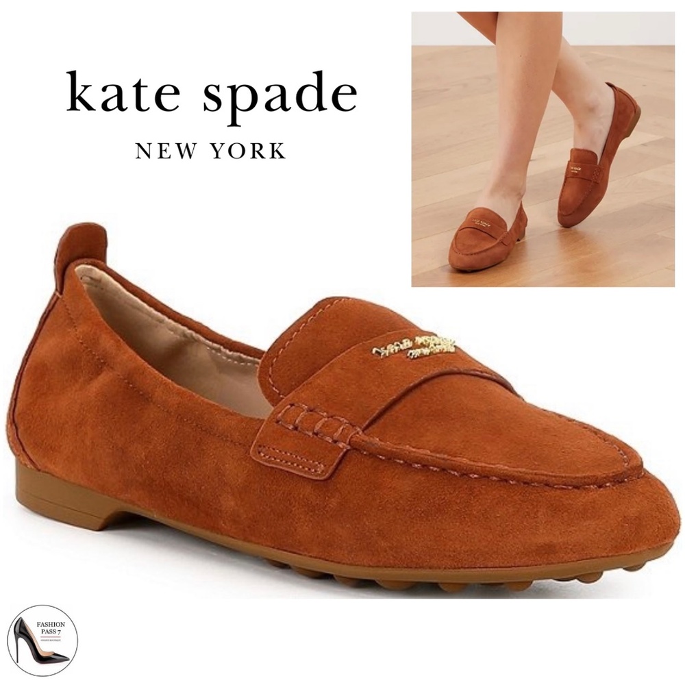 Kate Spade Eliza Sandlewood Suede Loafer Brown Tan Leather Almond Toe Flat Shoes